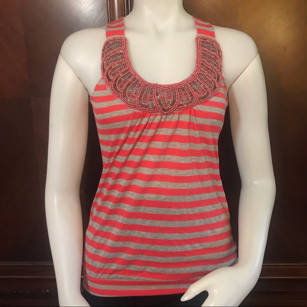 🆕 Finesse Red/Gray Beaded Sleeveless Top-Small